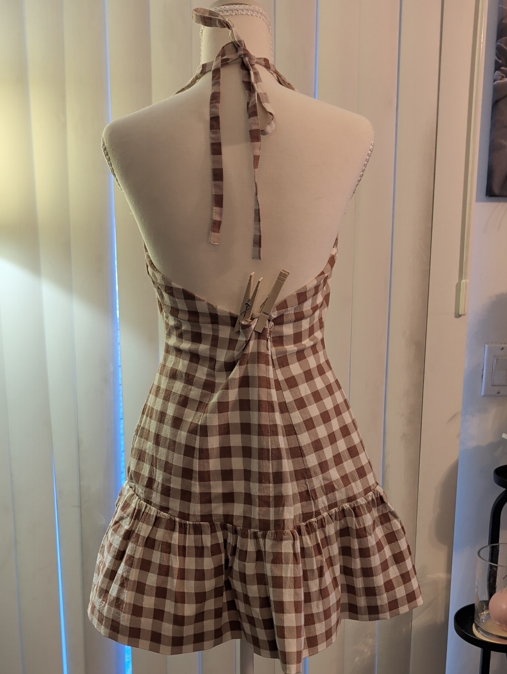 Free People Beige & Cream Gingham Halter Dress, L - Picture 8 of 8